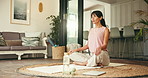 Yoga, start and relax with woman in home for wellness, balance and meditation zen. Pilates, chakra healing and holistic exercise with person in living room floor of apartment for beginning and 