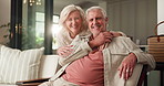Face, hug and old couple in home with love, bonding and together in living room. Portrait, senior man and mature woman with lens flare for care, trust and relationship or marriage for retirement