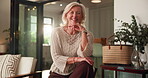 Face, senior or happy woman in living room with confidence, retirement fund or rest for positive attitude. Portrait, gratitude or elderly person in home for wellness, flare or pride in financial plan
