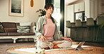 Fitness, start or woman on floor with tablet, meditation guide or tutorial in online class. Flare, preparation or female person in house with equipment, wellness or warm up routine on breathing app.