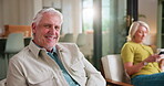Laughing, man and couple in lounge, face and happiness on break with partner in apartment or holiday. Home, mature person and humor for funny joke in living room, relax and woman with smartphone