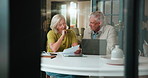Finance, laptop or senior couple with documents in home for planning bills, banking update or taxes. Retirement, tech or old people with discussion for financial statement or problem solving expenses