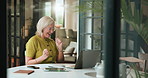 Laptop, old woman or celebration dance in home for retirement bonus, pension fund increase or email. Excited, senior person and typing on tech for loan approval, social security benefits and success