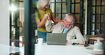 Excited, high five and old couple with laptop, home and celebration for investment on web and flare. Senior woman, hug and happy with elderly man, retirement and pension fund success on app or tech