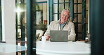 Home, online reading and old man with laptop, smile and internet with savings, investment or relax. Apartment, pensioner or senior person with computer, connection or email with website information