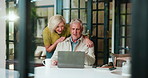 Happy, old couple and people with laptop, home and excited for investment on website and retirement. Reading, online and smile for pension fund, senior woman and talking to elderly man or flare