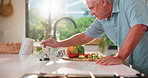 Mature man, tablet and kitchen with recipe tutorial, dinner method or online guide in home. Learning, instructions and senior person for cooking with healthy ingredients, diet or steps in meal prep