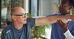 Old man, stretching and physical therapy for fitness, nursing home and healthcare with arm exercise. Assisted living, caregiver and elderly patient with injury, people or rehabilitation with workout