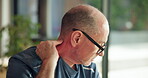 Fitness, senior man and neck pain in home with muscle strain, workout accident and inflammation. Retirement, elderly person and joint discomfort in house from herniated disc, ache or training mistake