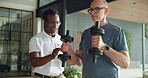 Man, physiotherapist and dumbbells with talk, strength training and motivation for healing process. Person, senior patient and guide for weightlifting exercise, rehabilitation and advice at clinic