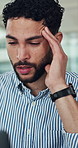 Man, computer and stress at startup with headache, frustrated and exhausted with mistake at office. Tired person, writer and migraine with pain, burnout or fatigue with project at creative agency