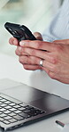 Hands, laptop and businessman typing with phone for editor feedback, article review and networking. Journalist, person and tech at agency for publication research, notes comparison and multitasking