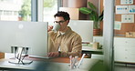 Computer, drinking coffee and business man typing email, traffic metrics or social media marketing. Creative marketer, technology and employee with tea, campaign analysis or schedule post in office