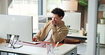 Computer, man or tired with yawn in office for burnout, stretching or overworked on story. Publishing agency, journalist or tech with glasses at desk for article fatigue, low energy or adjust posture