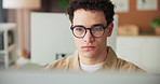 Man, computer and project at startup with review, glasses or feedback with report at media company. Person, writer and perspective with pc, insight or editing article at workplace for creative agency