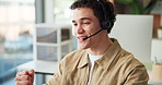 Success, man and call center agent talk for technical support, help desk and troubleshooting steps. Smile, headset and IT consultant explain advice, positive feedback and solution with technology