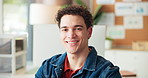 Face, business and man in office, smile and copywriting with creative agency, pride and career ambition. Portrait, employee and consultant for design, magazine editor and confidence with happiness