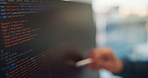 Person, hand and code with HTML on computer screen for software development, web design or hyperlinks at office. Programmer, review or app developer with pen for frontend UI or website cybersecurity