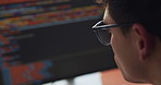 Programmer, reading and code with HTML on computer screen for software development, web design in office. Man, script review or app developer with frontend UI, algorithm or website for cybersecurity