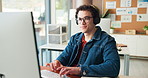 Computer, happy man and listening to music in office with headphones, data analysis and productivity. Smile, analyst and person in workplace with wireless tech, online radio and streaming audio.