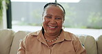 Happy, face and senior woman in lounge, retirement and break on couch, relax and peace in apartment. Chill, elderly black person and pensioner on weekend in living room, smile and house in Kenya