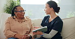 Tablet, elderly woman and caregiver in home for healthcare consultation, insurance or homecare. Technology, nurse and happy senior person with medical results, report or assisted living in retirement
