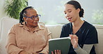 Tablet, senior woman and caregiver in home for healthcare consultation, insurance or homecare. Technology, nurse and elderly person with medical report, talking and assisted living in retirement
