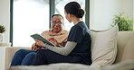 Caregiver, senior or woman with tablet in nursing home to monitor health, communication or listen. Healthcare checkup, retirement or elderly person with nurse for wellness consultation, tech and talk