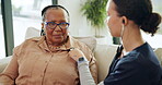 Nurse, senior and woman with stethoscope in nursing home to monitor health, breathe and listen. Healthcare checkup, retirement or old person with caregiver for wellness consultation, care or support.