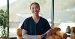Face, nurse and happy woman with tablet in home for medical career, homecare and assisted living. African person, tech and caregiver in nursing house for healthcare service, wellness and portrait