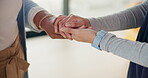 Hand holding, nurse or elderly person in home with senior care, support or checkup in rehabilitation. Healthcare, aid or caregiver in house with consultation, help or medical service in retirement.