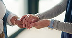 Holding hands, home and senior woman with nurse, comfort and wellness with health community. Caregiver, closeup and elderly person with support, retirement and help with compassion or medical service