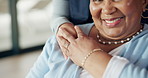 Senior woman, nurse and holding hands for support, care and trust for assisted living in house. Happy person, caregiver and comfort for kindness, empathy and medical healthcare in retirement home