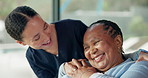 Senior woman, nurse and holding hands for trust, care and talking for assisted living in house. Happy person, caregiver and support for kindness, empathy and medical healthcare in retirement home