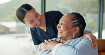 Senior woman, nurse and support in retirement with bonding, compassion and medical service. Health, old person and happy caregiver in assisted living with talking, kindness and wellness check in home