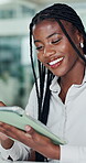 Business, woman or happy with tablet in office for article review, positive feedback or news website. Journalist, black person and tech with stylus for proofreading, submission approval or research