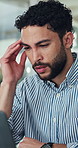 Man, computer and frustrated with headache at startup, stress and exhausted with mistake at office. Tired person, writer and migraine with pain, burnout or fatigue for project at creative agency
