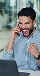Phone call, fist pump and businessman with good news on laptop for investment deal, success and profit. Laptop, celebrate and person on smartphone for promotion, b2b negotiation or excited for bonus