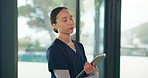 Thinking, woman and nurse with tablet, anxiety and stress with internet, app and communication. Person, caregiver or professional with tech, medical service and pressure with burnout and tired