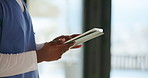 Person, hands and nurse with tablet for online checklist, medical analysis or digital report. Closeup, healthcare worker or caregiver scrolling with technology for research or telehealth in clinic