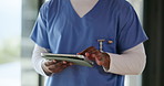 Person, hands and medical nurse with tablet for online checklist, analysis or digital report. Closeup, healthcare worker or caregiver scrolling with technology for research or telehealth in clinic