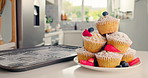 Homemade, stack and muffin with fruit on kitchen counter, baked goods and fresh pastry for tea time snack. Mini cake, healthy topping or delicious plate for eating, sweet lunch treat and dessert meal