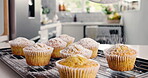 Homemade, muffin or sprinkle with sugar on kitchen counter, baked goods or fresh pastry for tea time snack. Delicious, tray of mini cakes or sweet powder for taste, tasty lunch treat and dessert meal