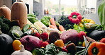 Fresh, groceries and variety with vegetables in kitchen of home for diet, health or nutrition. Assortment, background and vegan food with produce on counter in apartment for detox or weight loss