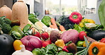 Assortment, fresh, groceries with vegetables in kitchen of home for diet, health or nutrition. Background, variety and vegan food with produce on counter in apartment for detox or weight loss