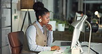 Internet, night and woman with computer, thinking and problem solving with copywriting agency. Evening, person and employee in office, pc and online reading with email, magazine website and decision