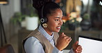 Woman, call center and smile with headset for advice, consulting and thinking for solution at night in office. Person, agent and computer with mic, voip or customer care at help desk in workplace