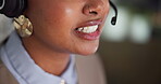 Woman, call center and mouth with headset for advice, consulting and communication for solution in office. Person, agent and computer with microphone, voip or customer care at help desk in workplace
