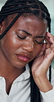 Pain, business woman and headache in office with burnout, discomfort and overwhelmed by pressure. Vertigo, black person and tension migraine at workplace from brain fog, workload and massage temples