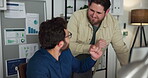 Night, men and fist bump in office with computer for research, discussion and data analytics success. Late, analyst and people in workplace with tech for celebration, business growth and achievement.